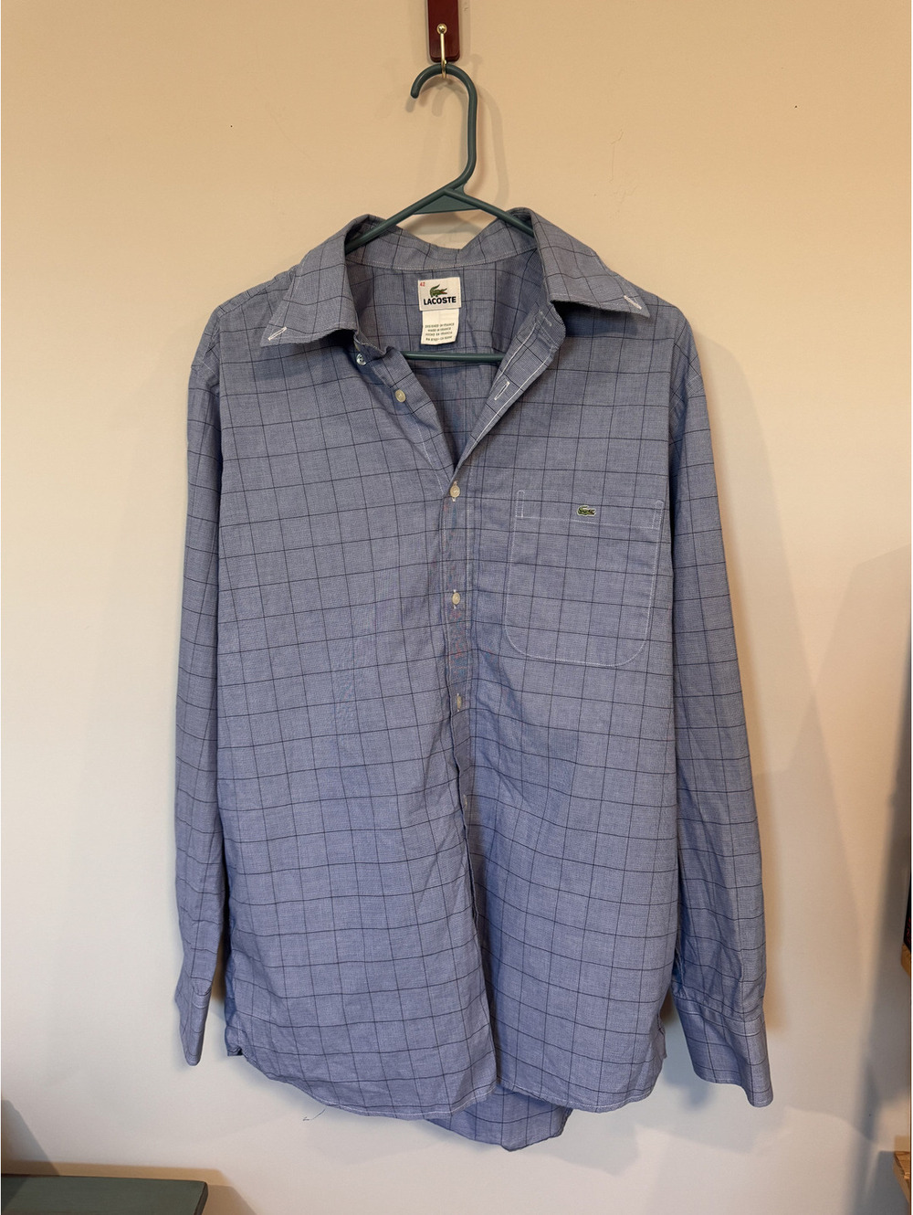 Vintage Lacoste Button Down Shirt Mens Blue Grid Windowpane Plaid SZ 42
